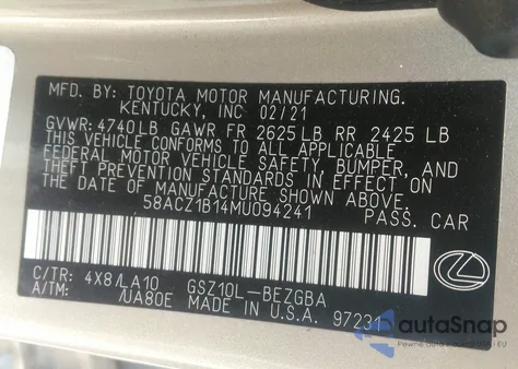 2021 Lexus Es 350 из США, поврежденный, VIN 58ACZ1B14MU094241